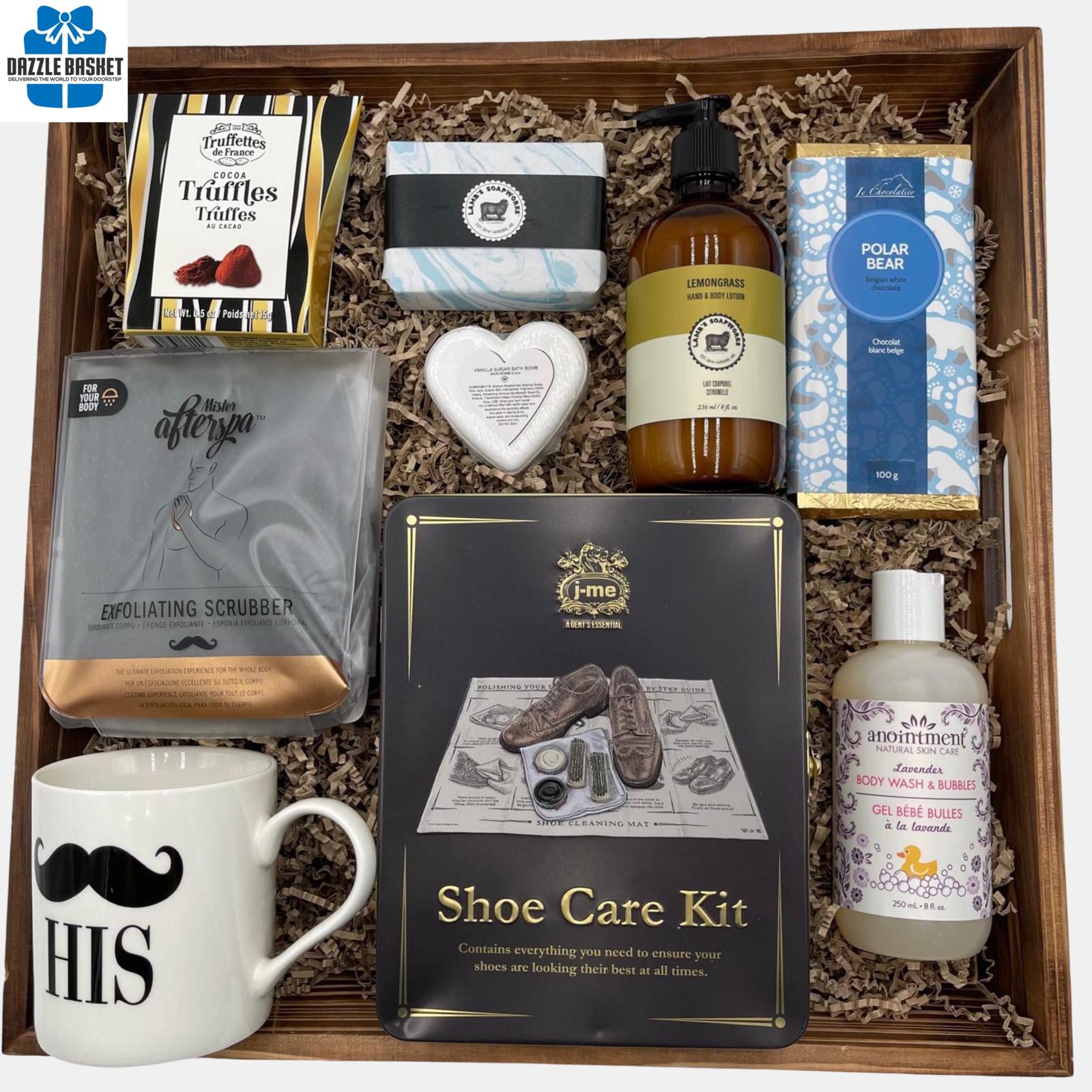 Calgary gift basket for men made in a large wooden pine tray that contains all essentials that  your man will need everyday.