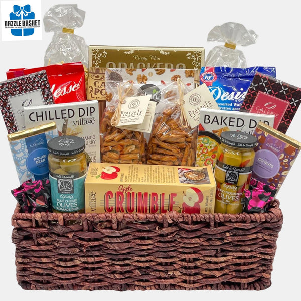 A stupendous made in Calgary gourmet gift basket with delicious gourmet snacks in a large willow baskets