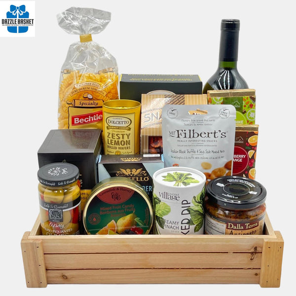 An award winning wine with tasty gourmet snacks placed perfectly in a beautiful metal container make up this  very popular made in Calgary wine gift basket.