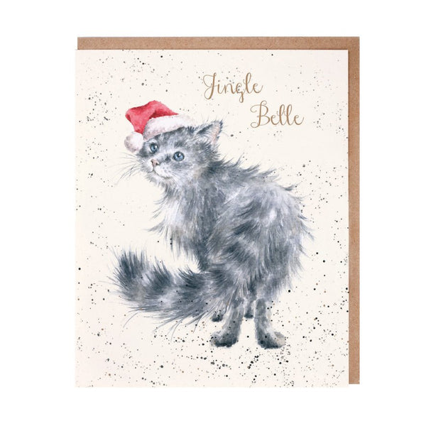 A Christmas greeting card that features a furry cat wearing a Christmas cap