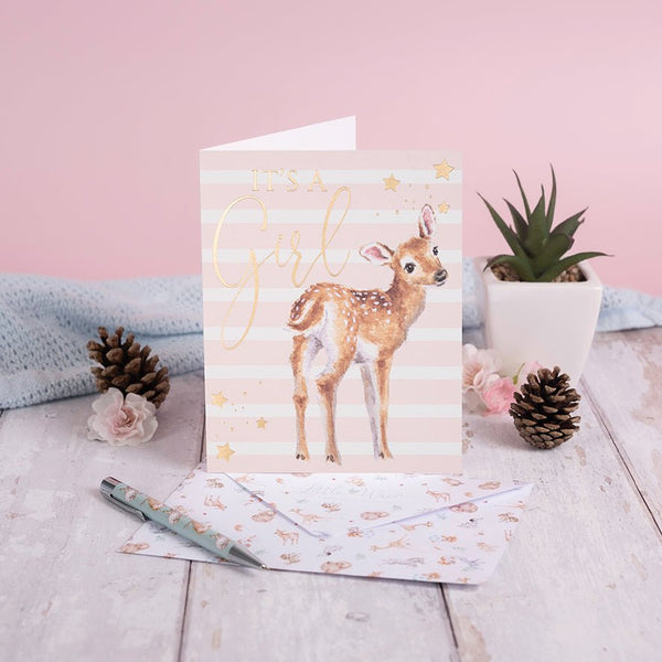 Newborn Baby Girl Greeting Card - Loved Deerly
