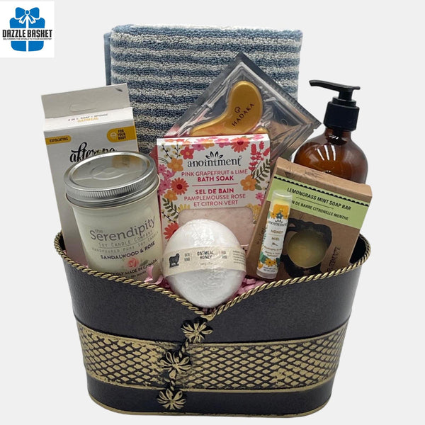 A Calgary spa gift basket that includes quality spa products for a relaxed evening packed in a beautiful off golden brown metal container.