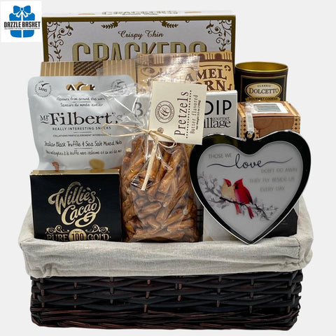A  Calgary sympathy gift basket comprising of quality gourmet snacks arranged in a willow basket with white liner container.