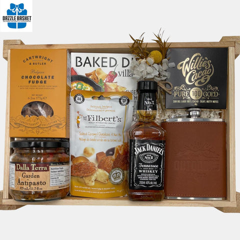 A perfect made in Calgary whiskey gift basket that is overflowing with delicious gourmet products that can be savored with a round of Jack Daniel scotch whiskey included in the basket.