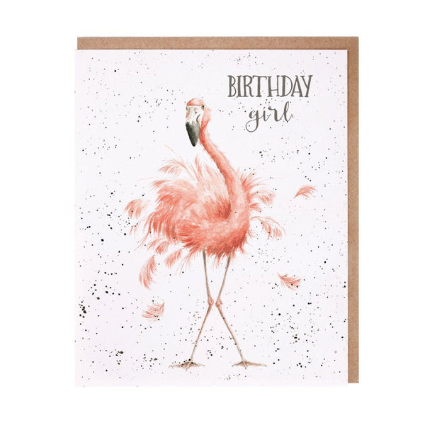 A birthday greeting card that depicts a flamingo and is meant for a girl.