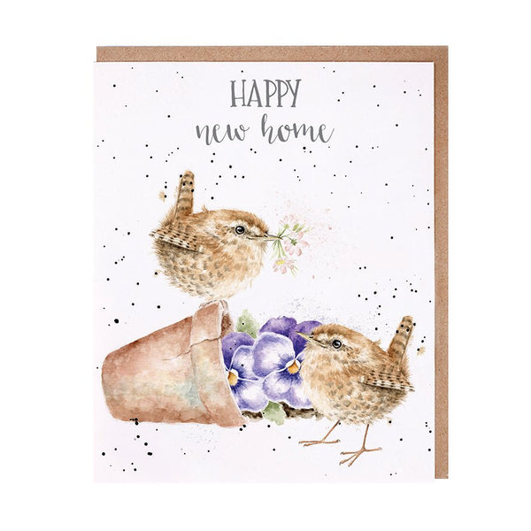 A new homeowner greeting card that shows 2 little birds around a flowerpot.