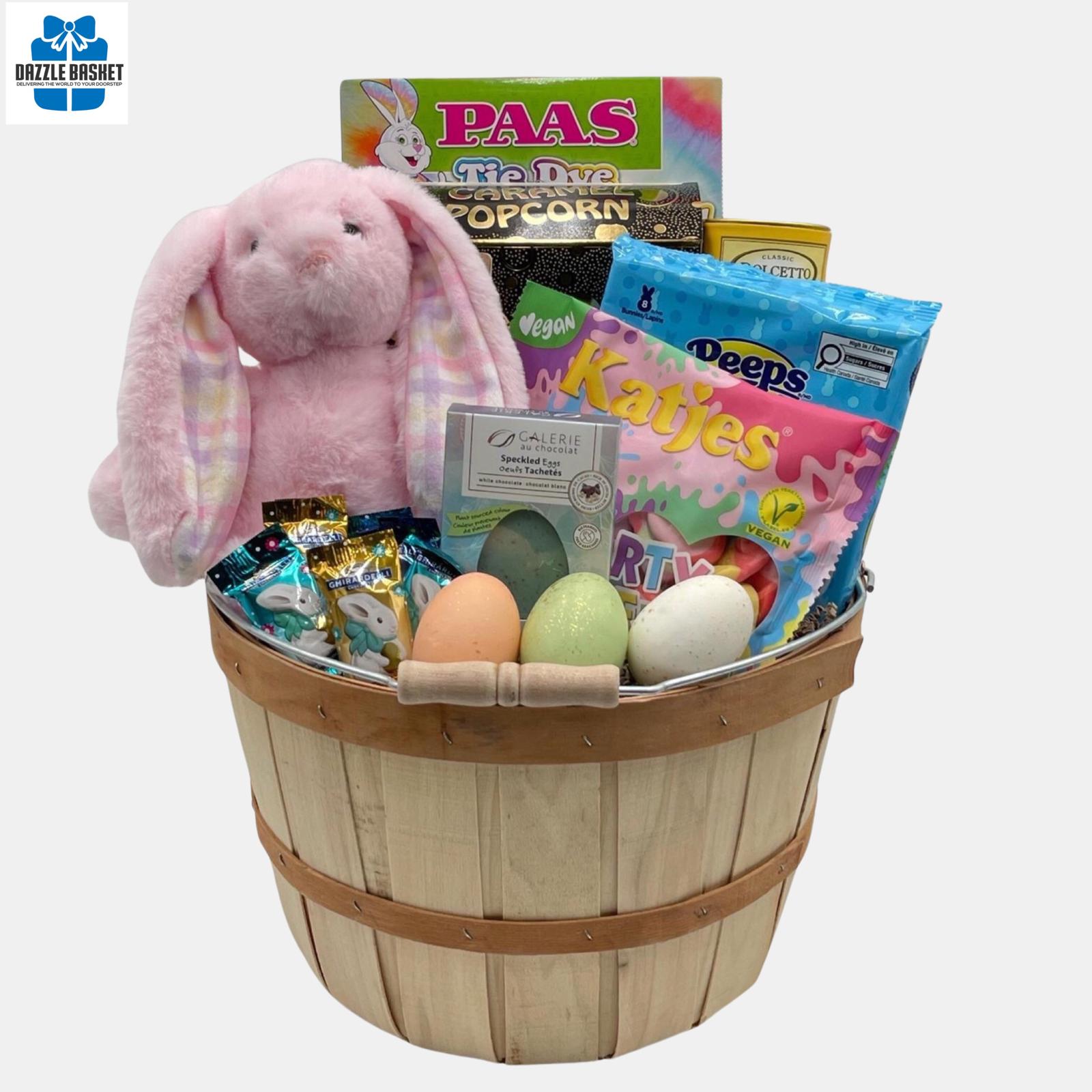 An Easter gift basket made in Calgary that includes Easter themed tasty gourmet delicacies arranged in a wooden basket with handle