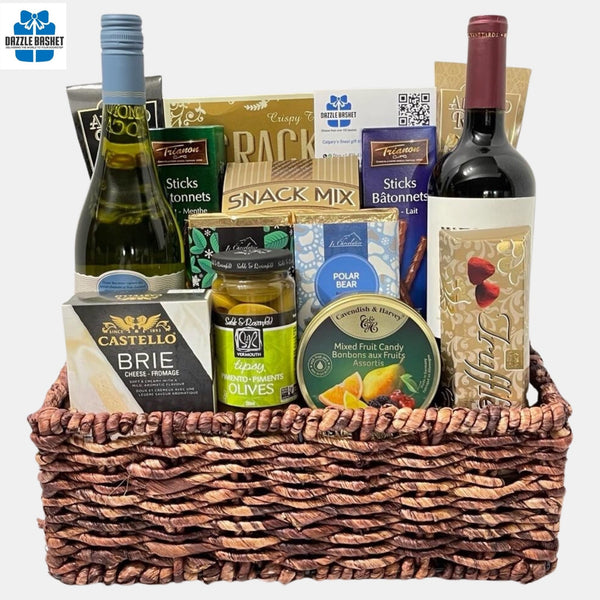 Wine gift baskets Calgary by Dazzle Basket- The Signature gift basket includes 2 bottle of wine with delicious gourmet snacks for all.