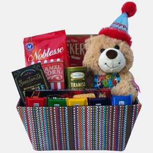 A collection of made in Calgary birthday gift baskets from dazzle Basket. Same day delivery in Calgary. Weekend gift delivery in Calgary.