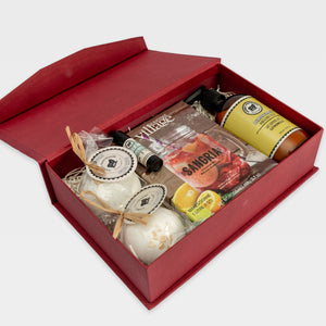 Finest Calgary spa basket made in a square red box. It includes some amazing spa products.