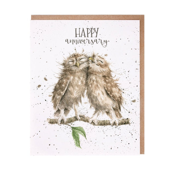 A greeting that has 2 cuddling owls and front of the card reads "Happy Anniversary"