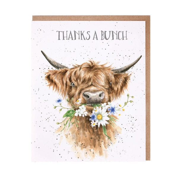 Thank someone with this card which features a lovely Highland cow with a mouth full of flowers and reads 'Thanks a Bunch.'