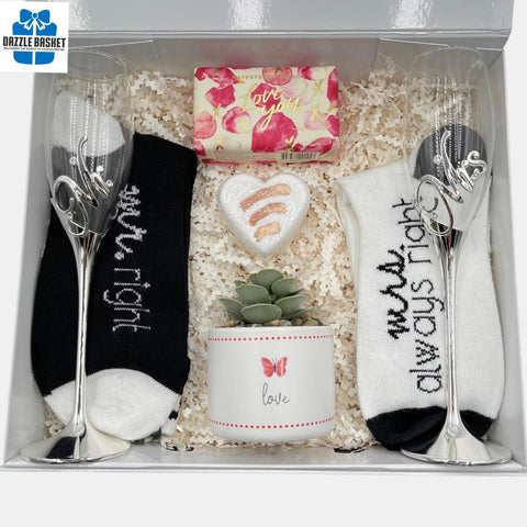 A Calgary anniversary gift box with Mr & Mrs themed products meant for a lovely  couple.