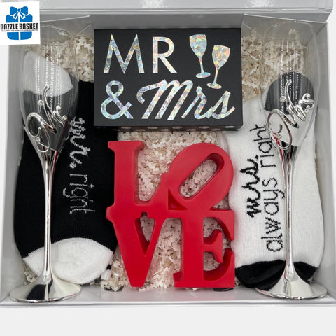 A Calgary anniversary gift box with Mr & Mrs themed products meant for the couple.