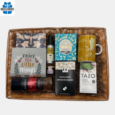 A made in Calgary Appreciation basket that includes a wide range of useful products made in a large willow basket.