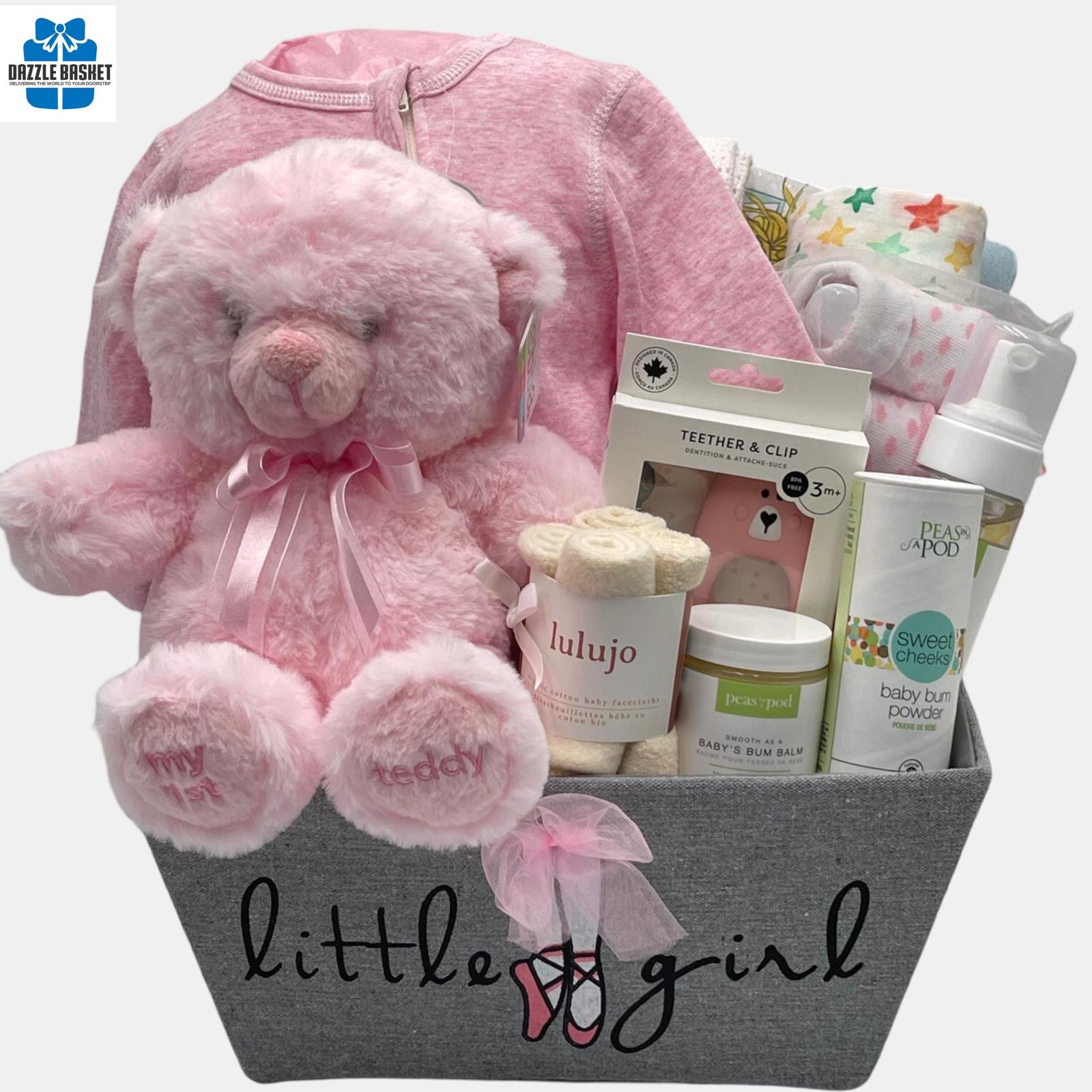 A made in Calgary gift basket for a baby girl. It includes everything that the baby will need during the first few months. Great gift for newborn. It comes filled with products from some of the finest baby care brands in Canada.