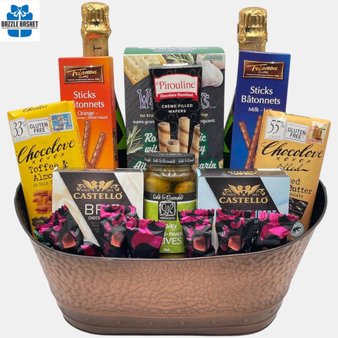 A made in Calgary champagne gift basket with two bottles of Moet Champagne & delicious gourmet snack to celebrate life's special occasions.