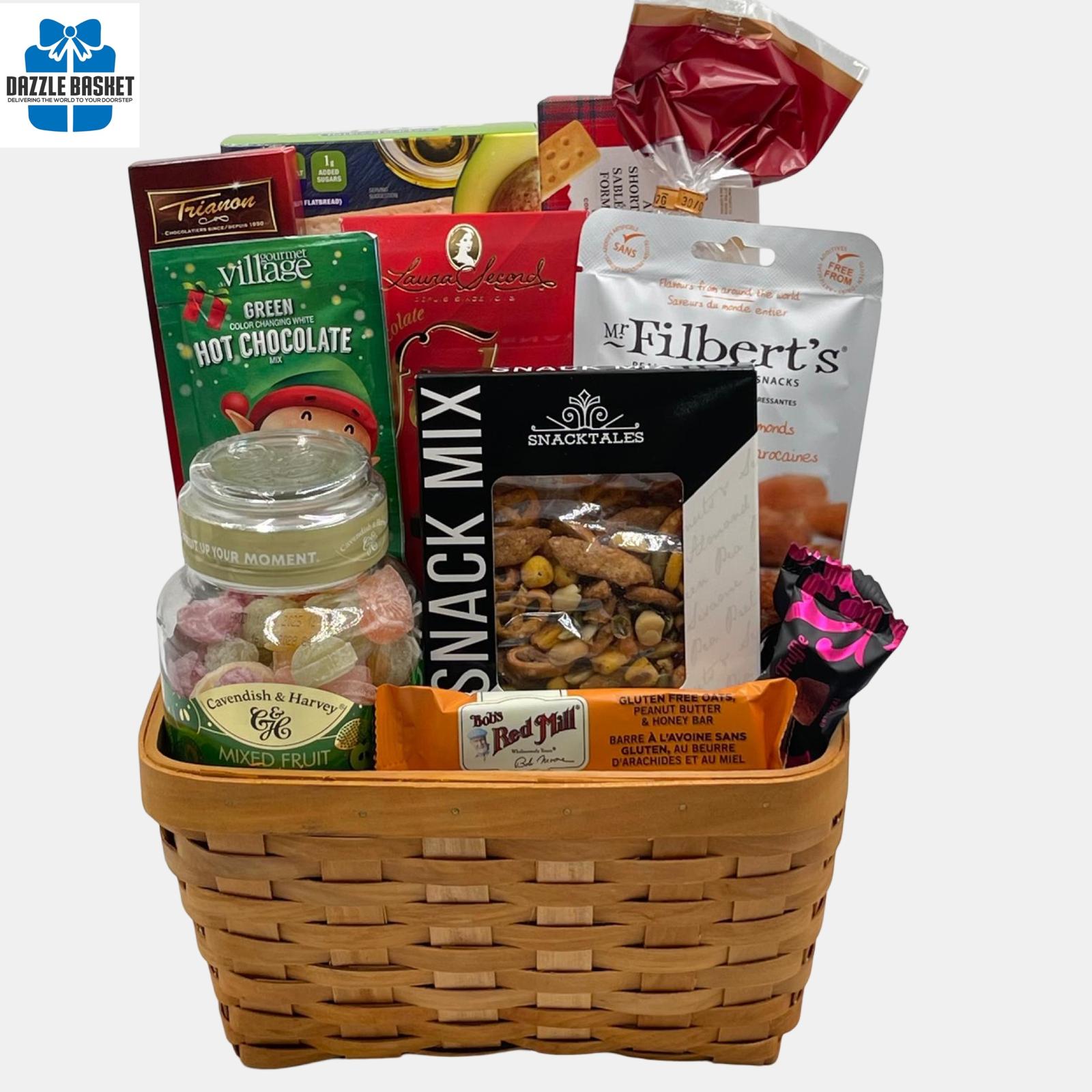 A made in Calgary gift basket that includes delicious gourmet snacks arranged in a rectangular basket.