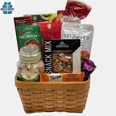 A made in Calgary gift basket that includes delicious gourmet snacks arranged in a rectangular basket.
