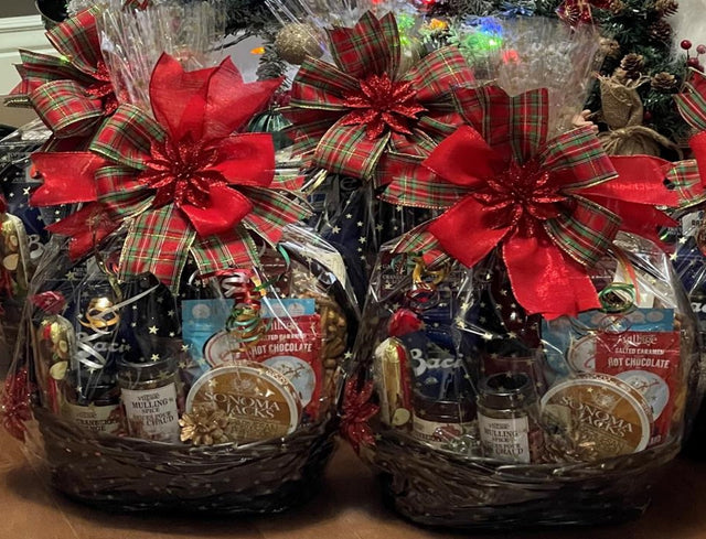 A collection of Calgary gift baskets with handmade bows