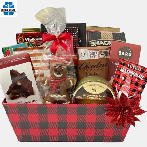 Gift baskets Calgary from Dazzle Basket- A holiday gift basket filled with delicious food snacks in  a Christmas market tray