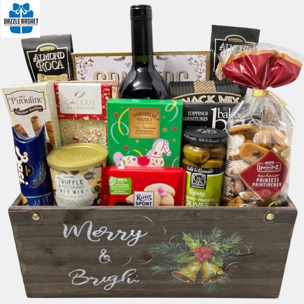 holiday gift baskets Calgary from Dazzle Basket- A wine gift basket overflowing with delicious gourmet snacks & bottle of wine.