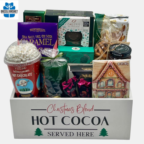 A Calgary Holiday gift baskets comprising of holiday themed gourmet snacks packed neatly in a rectangular white container