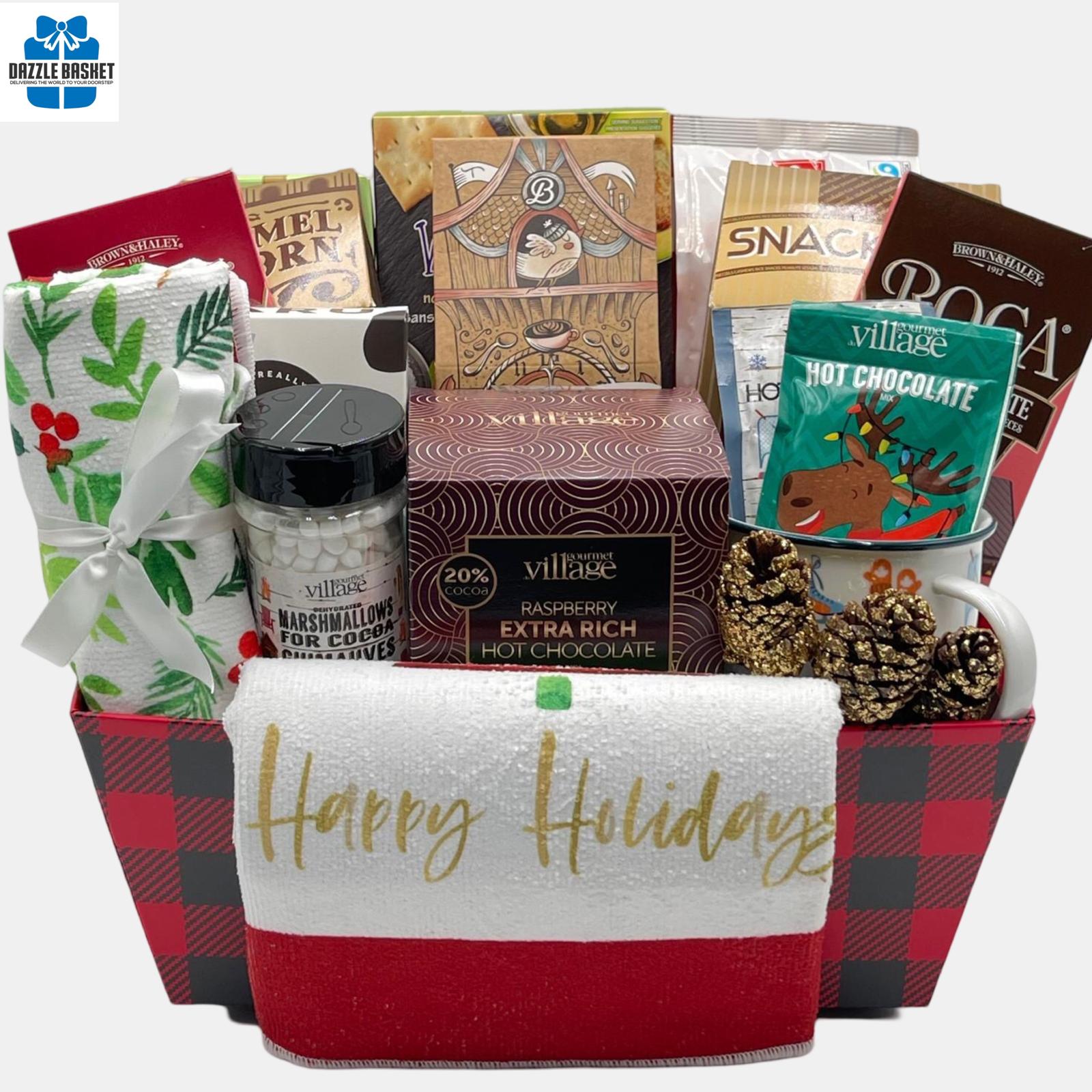 Gift baskets Calgary from Dazzle Basket- A holiday gift basket filled with delicious food snacks in  a Christmas market tray