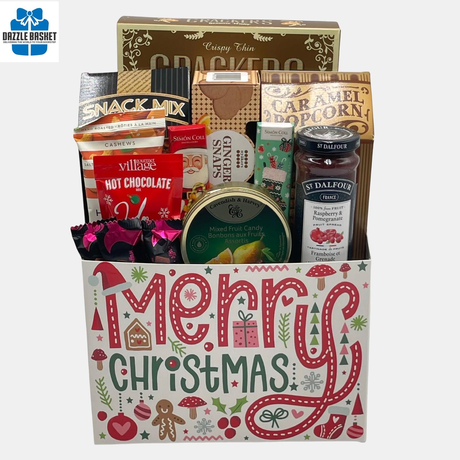 A Calgary Holiday gift basket filled with delicious gourmet snacks packed in a "Merry Christmas" gift basket box