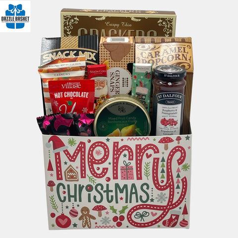 A Calgary Holiday gift basket filled with delicious gourmet snacks packed in a "Merry Christmas" gift basket box