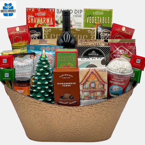 A gigantic Calgary gift basket with a bottle of wine, quality gourmet snacks and a lovely Christmas tree arranged in an innovative manner in an extra large metal basket.