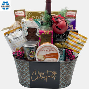 One of the finest gift baskets Calgary offers- Merry Christmas holiday gift basket includes a bottle of wine and tasty gourmet snacks from top brands.