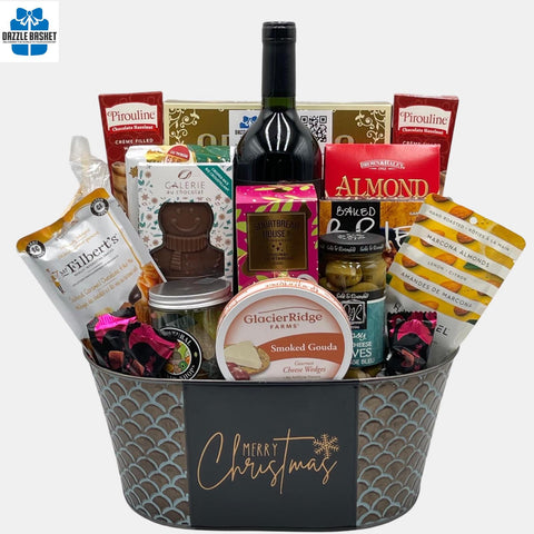 One of the finest gift baskets Calgary offers- Merry Christmas holiday gift basket includes a bottle of wine and tasty gourmet snacks from top brands.