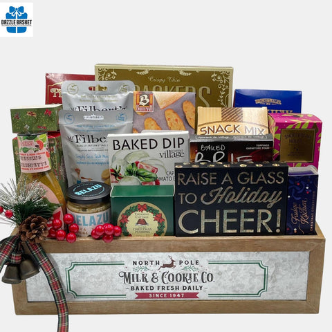 A Calgary Holiday gift basket made in a Holiday themed crate & filled with delicious European gourmet food that everyone will love.