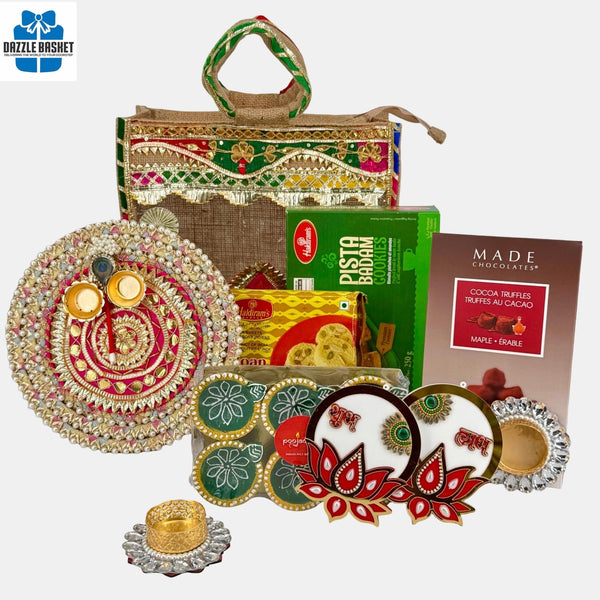 Diwali Hamper Calgary - pooja thali, diyas, Shubh Labh, Indian sweets and cocoa truffles in decorative jute bag