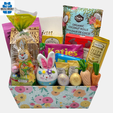 An Easter gift basket made in Calgary that includes Easter themed tasty gourmet delicacies arranged in a floral market tray.