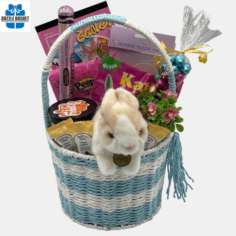 A Calgary Easter gift basket with large bunny plush toy and  Easter themed chocolates and gourmet snacks arranged beautifully in a blue & white basket with handle.