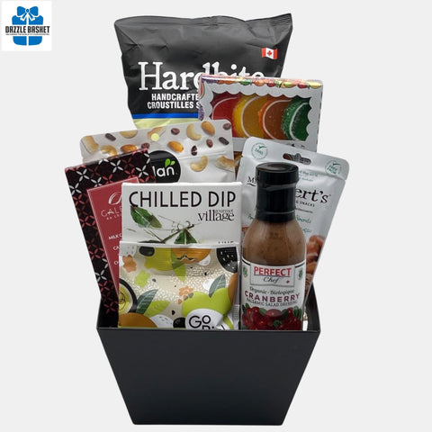 Thank your loved ones and celebrate togetherness with this amazing gluten free gourmet gift basket. This beautiful made in Calgary gift basket is filled with gourmet snacks that your loved ones will love.