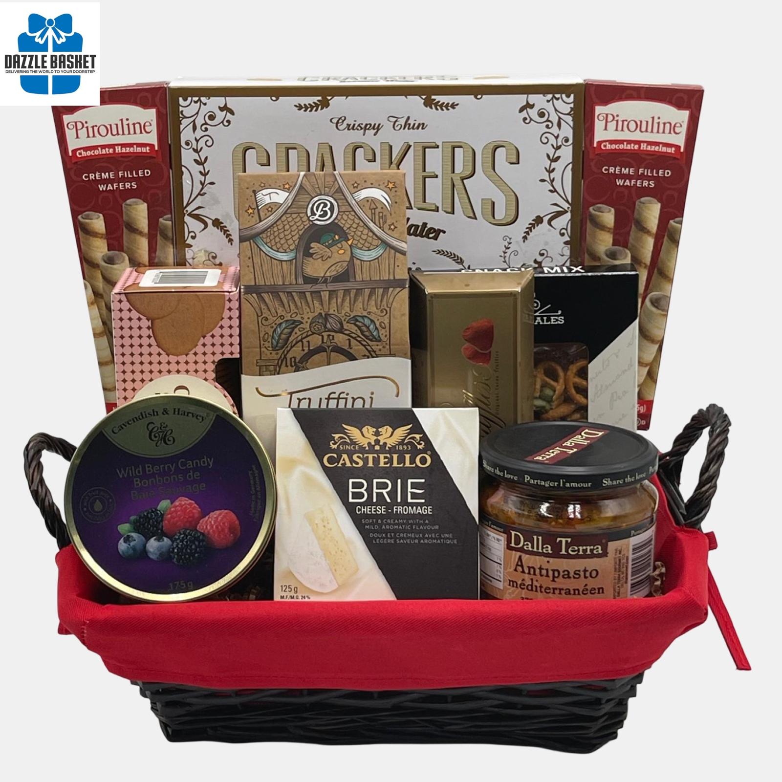 A made in Calgary food gift basket that includes top of the line delicious gourmet snacks in a rectangular basket with red liner.