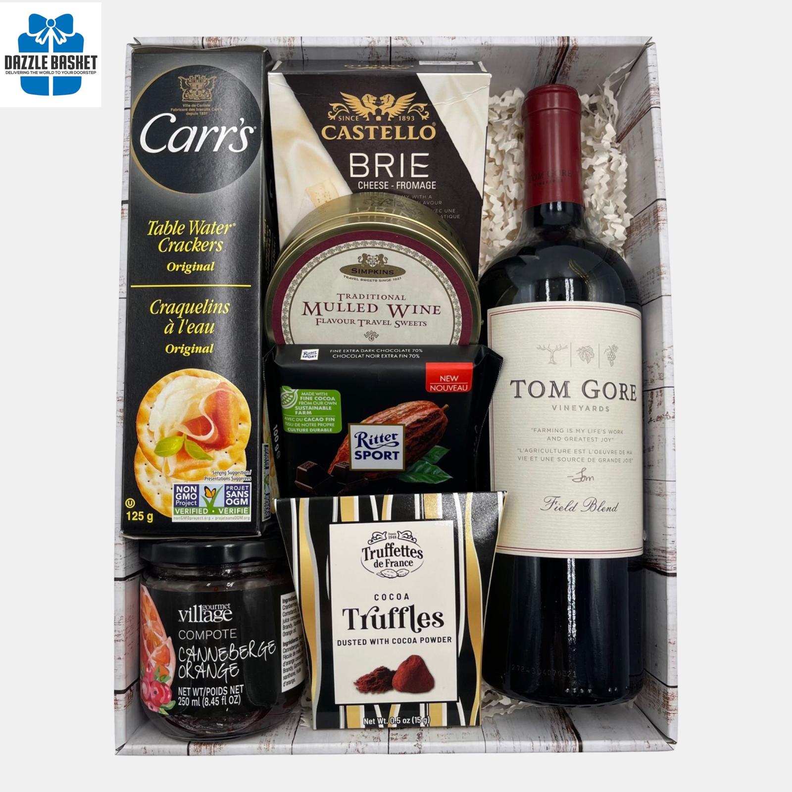 Made in a white tray with lid, this made in Calgary wine gift basket includes an award winning bottle of wine and tasty gourmet snacks. 