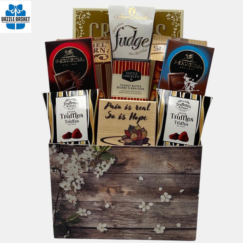 A Calgary gift basket that includes quality gourmet products from top global brands in a large box.