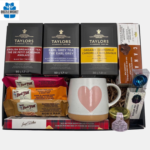 A made in Calgary Tea gift basket filled with three different types of tea and delicious gourmet snacks that your recipient will love for a long time to come.