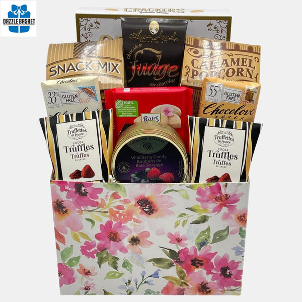 A Calgary gift basket that includes quality gourmet products from top global brands in a rectangular floral box.