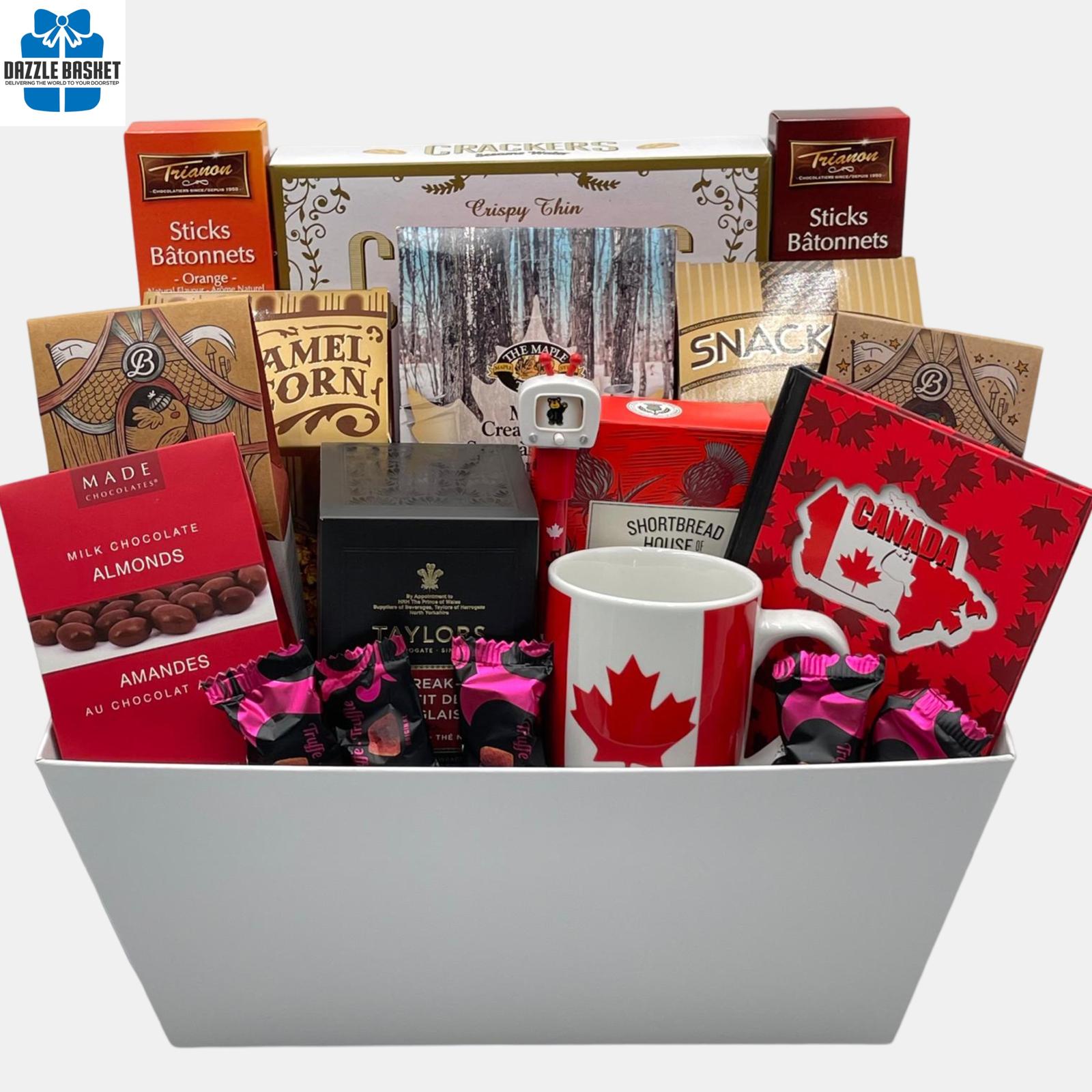 A stupendous made in Calgary Canada themed gourmet gift basket with delicious gourmet snacks in a large white market tray.