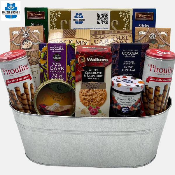 Gift baskets Calgary from Dazzle Basket: A gourmet gift basket that includes delicious gourmet snacks packed in a metal container
