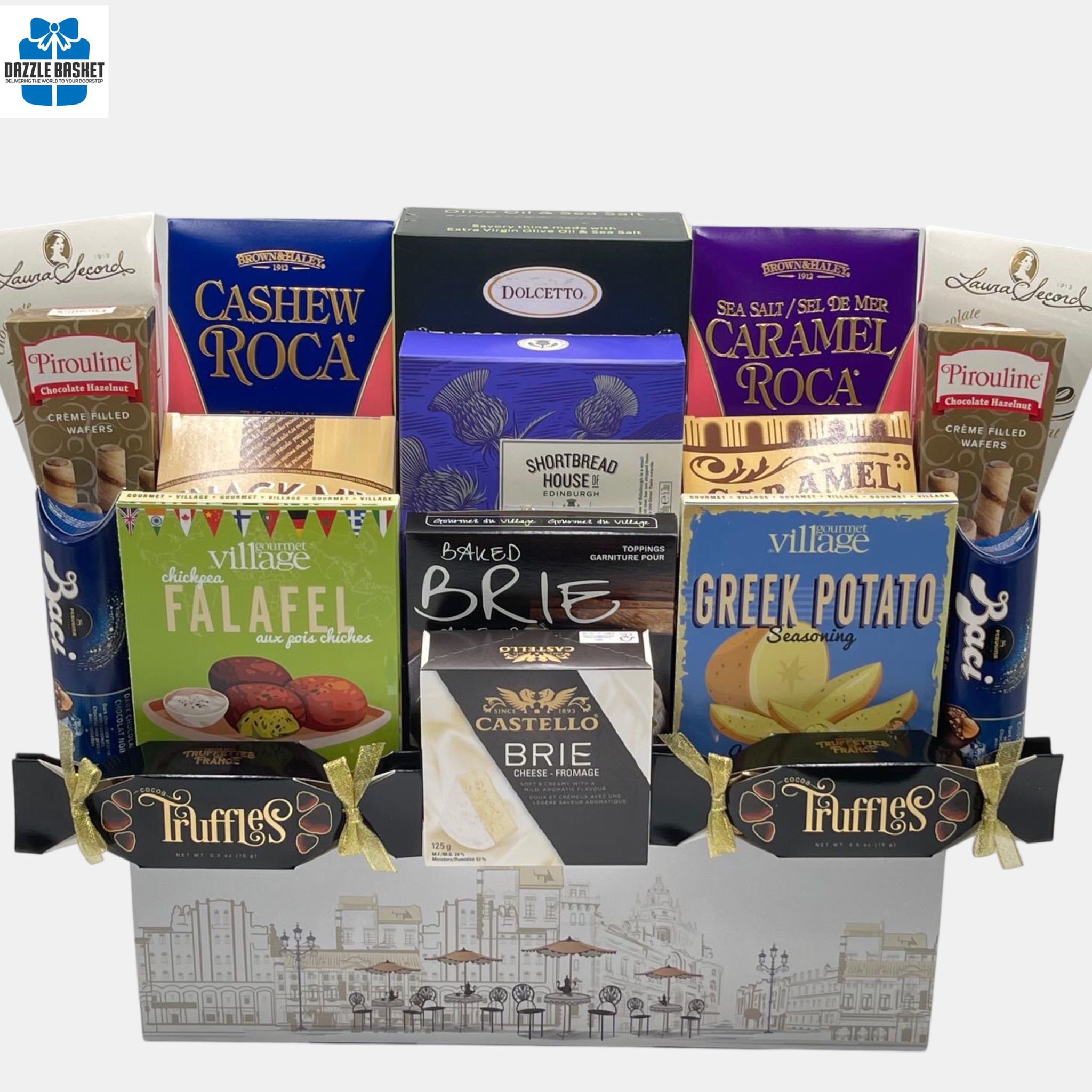A made in Calgary gift basket that includes delicious gourmet snacks organized neatly in a white box. Free same day delivery.