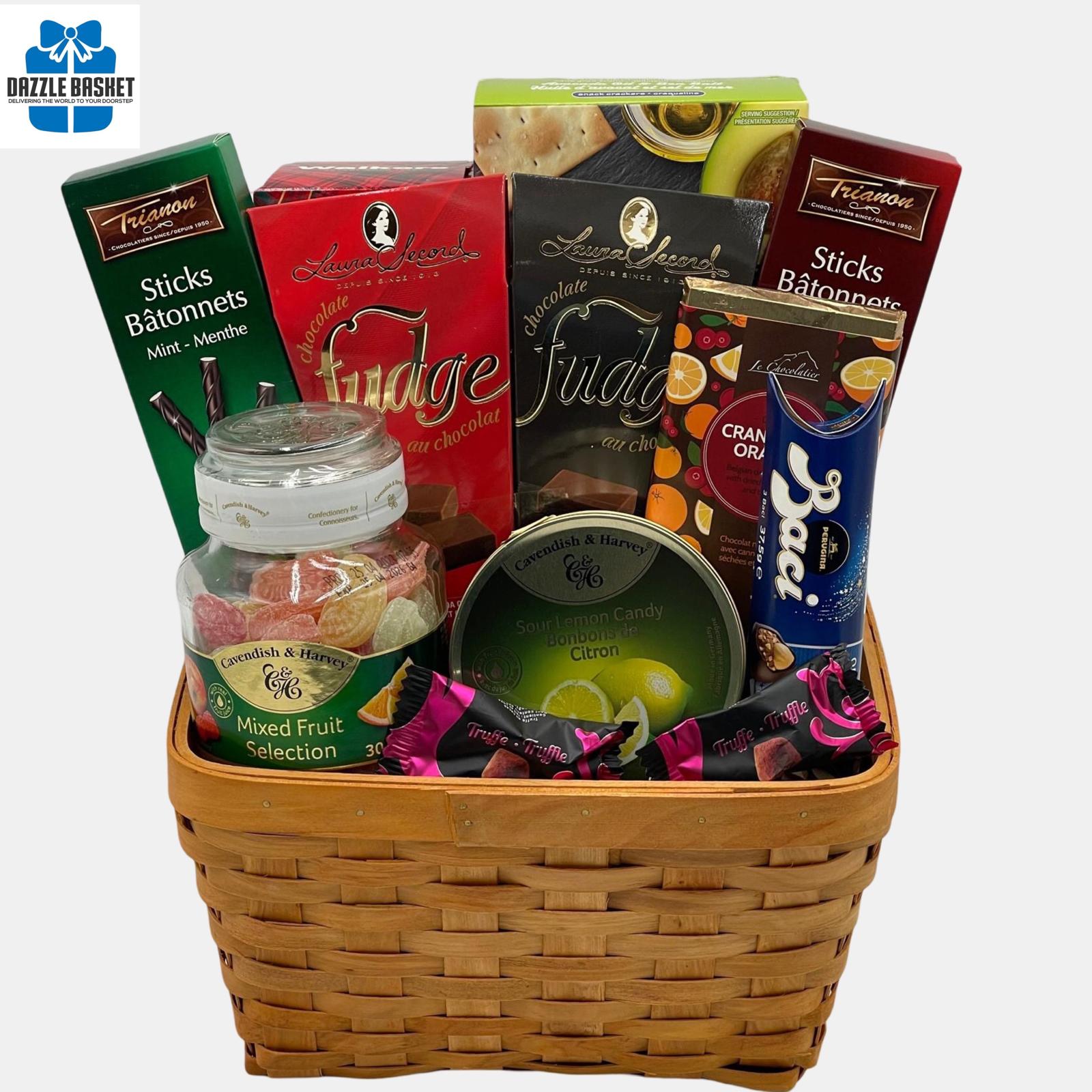 Food Gift basket from Dazzle Basket- A food basket filled with delicious gourmet snacks