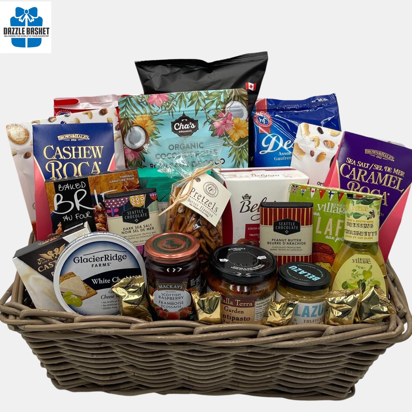 This Calgary gift basket includes a large variety of gourmet snacks arranged in a extra large wicker basket