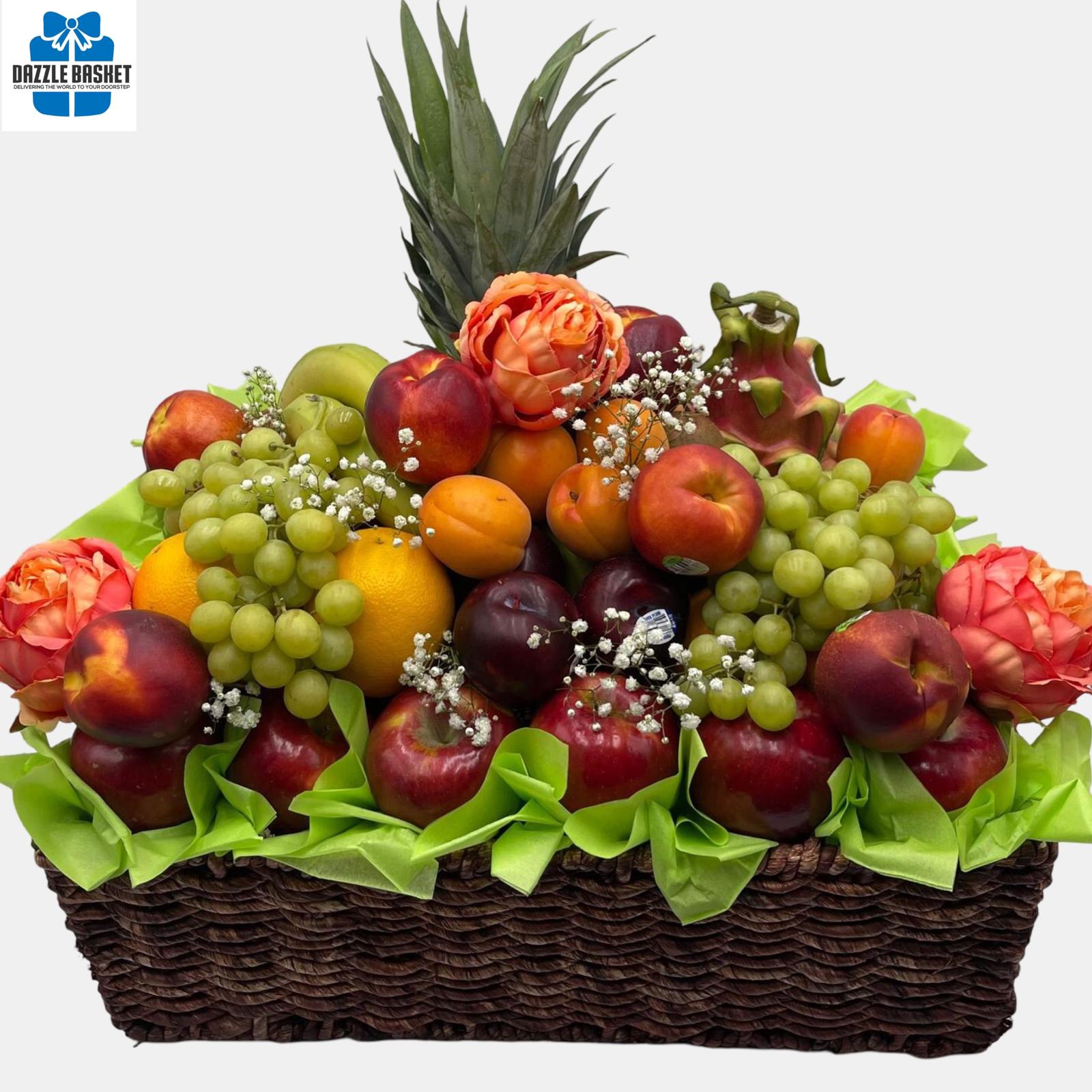 A huge fruits basket with a range of fresh fruits made in a 22" corn market tray.