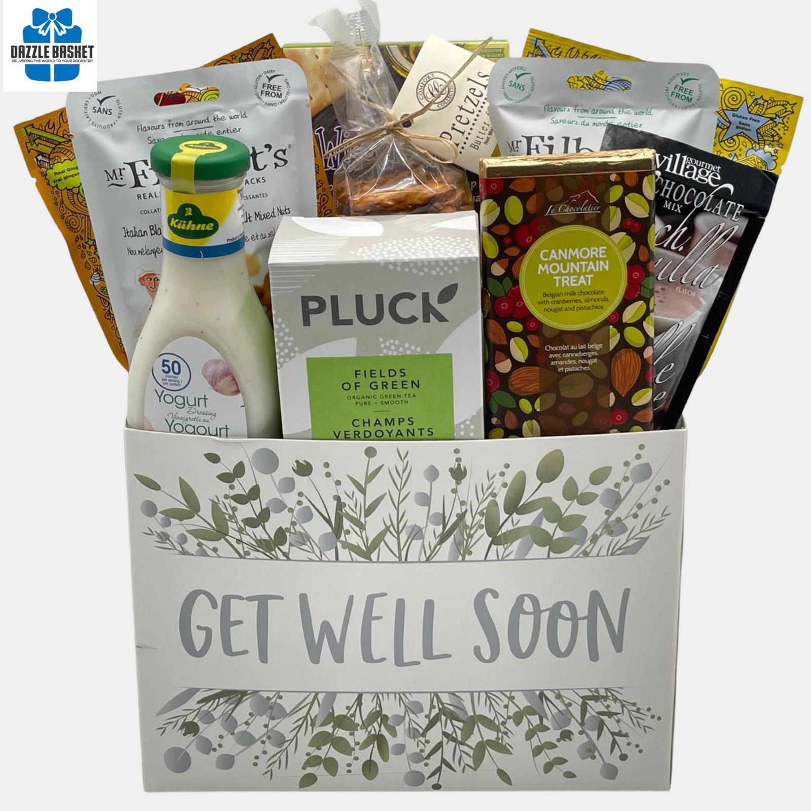A get well soon made in Calgary gift basket filled with quality gourmet snacks to wish your loved one a speedy recovery
